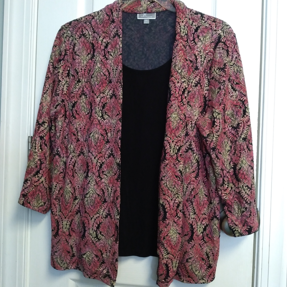Womens PXL Pink Black Floral Open Cardigan Blouse Attached. Cotton